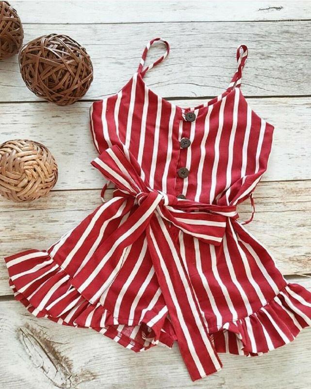 

Summer New Causal Cute Toddler Kids Baby Girls Sleeveless Striped Jumpsuits Summer Chiffon Cotton Girls Holiday Party Outfits1, Red