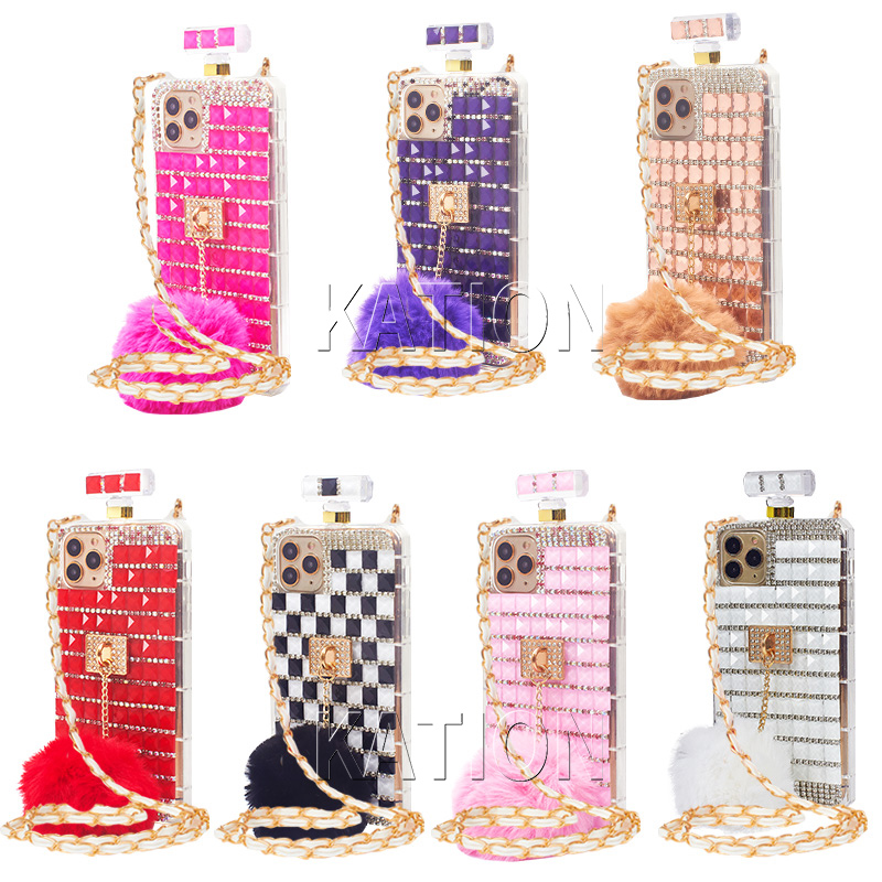 

Mens Designer Winter Style Fur Ball Perfume Bottle Diamond Phone Case For iphone 11 xr xsmax 8plus Lanyard Rhinestone 11PRO MAX Phone Cover, Black&white per color 10pcs moq