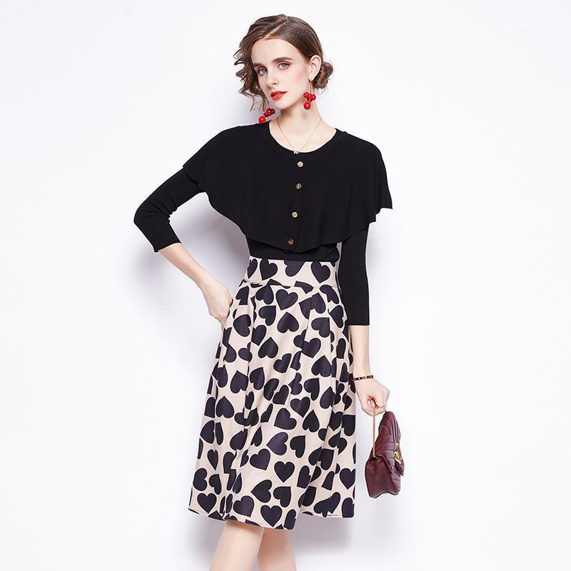 

Women Print Skirt Sets Two Piece Rero Vogue Knitted Suits Solid Black Tops &Heart Prints Mid Skirt Elegant Work Sets Fall Winter1, Multi