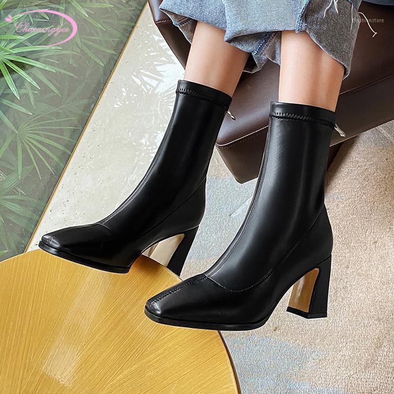 

Party style comfortable square toe ankle boots fashion zipper black beige stretch high-heeled chunky riding boots women's shoes1