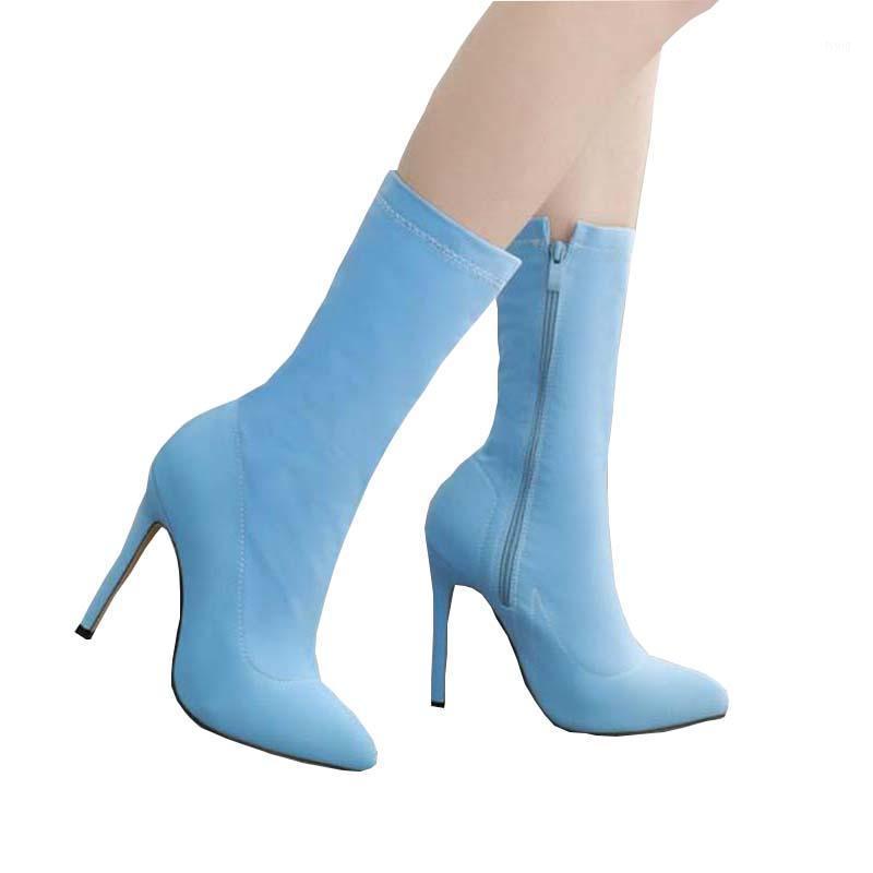 

2020 New Women Ankel Boots Women Elastic Boots Candy Color Pointed High-Heeled Female Booties Shoes1, Sky blue