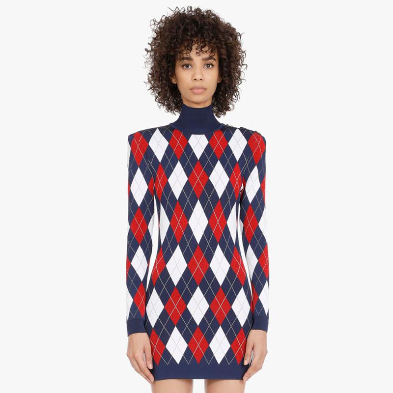 

Ocstrade Plaid Bandage Dress Women 2020 New Arrivals Autumn Knitting Turtleneck Bandage Dress Bodycon Club Night Party Dresses, As pic