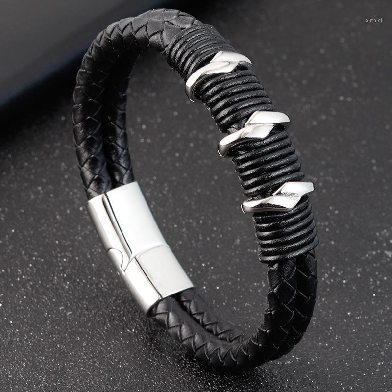

Bracelet Men Magnetic-clasp Cowhide Stainless Steel Genuine Leather Bangles Fashion Jewelry For Male Armband pulsera hombre1