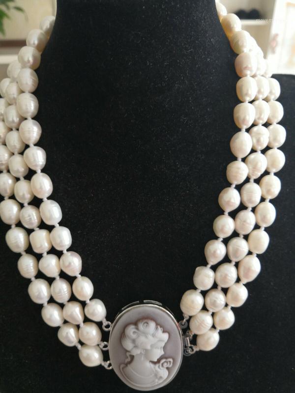 

3 Rows 9-10mm Natural White Baroque South Sea Pearl Necklace 17-18-19"1