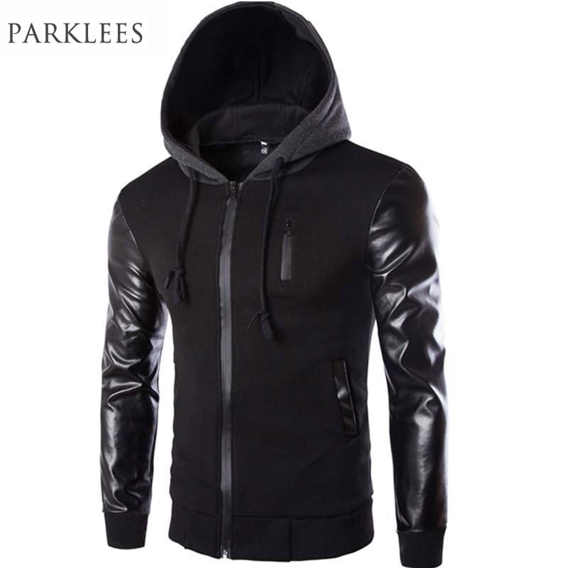 

Cool Hooded Jacket Men Spring Fashion Pu Leather Sleeve Splice Bomber Jacket Casual Windbreaker Blouson Veste Sweat Homme 201118, B1549gray