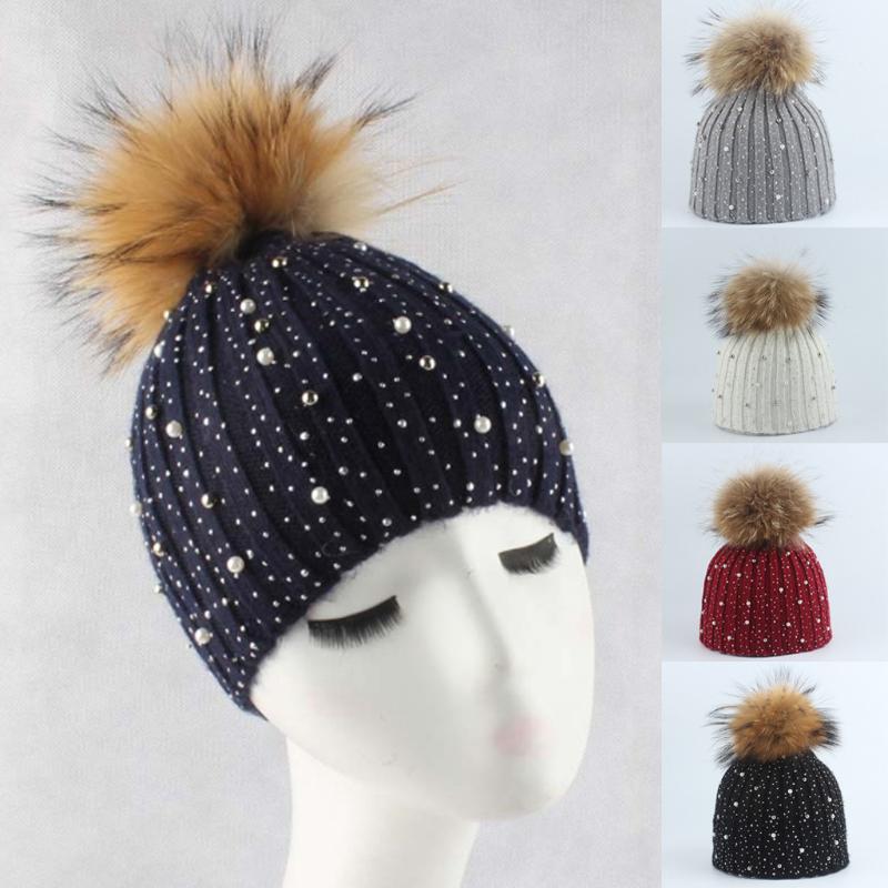 

40# Fashion Hats For Women Casual Thermal Woolen Hats Fur Knitted Pompom Cap Winter Warm Caps Bonnet Femme Hiver, Black