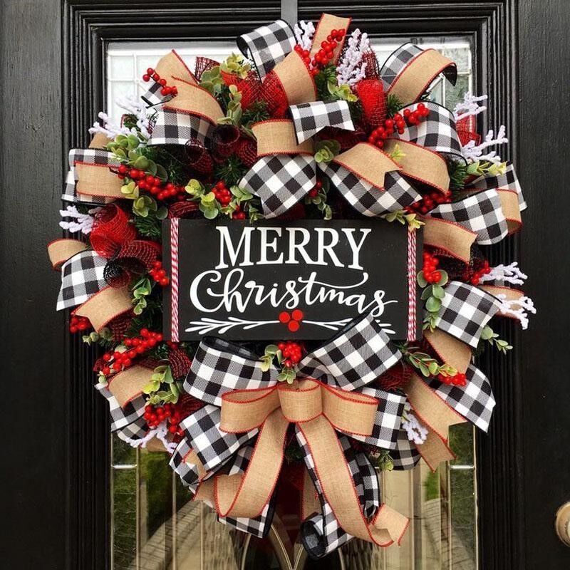 Christmas Bow Wreath Artificial Plant Rattan Circle Front Door Hanging Garland Holiday Home Decorations Hybrid Festival Party Supplies