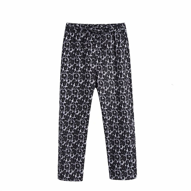 

2021 New Streetwear Women Grey Leopard Fashion Ladies Chiffon Straight Trousers Causal Female Chic Bow Elastic Waist Pants 42vi, Gray