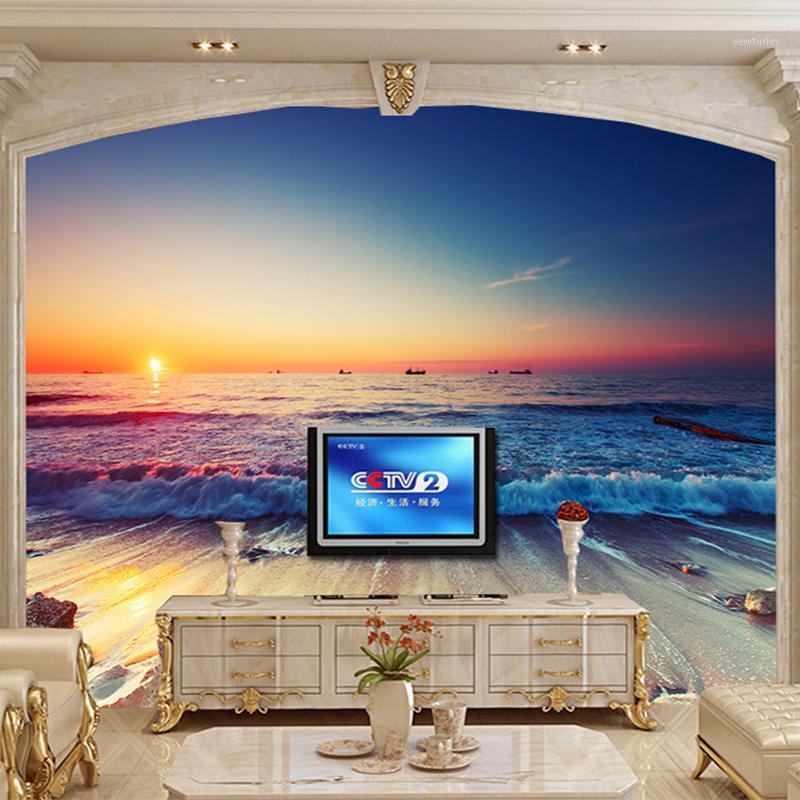 

Romantic Seaside Beach Sunset Landscape 3D Stereo Photo Mural Wallpaper Living Room Sofa Dining Room Backdrop Murals Home Decor1, Silk cloth