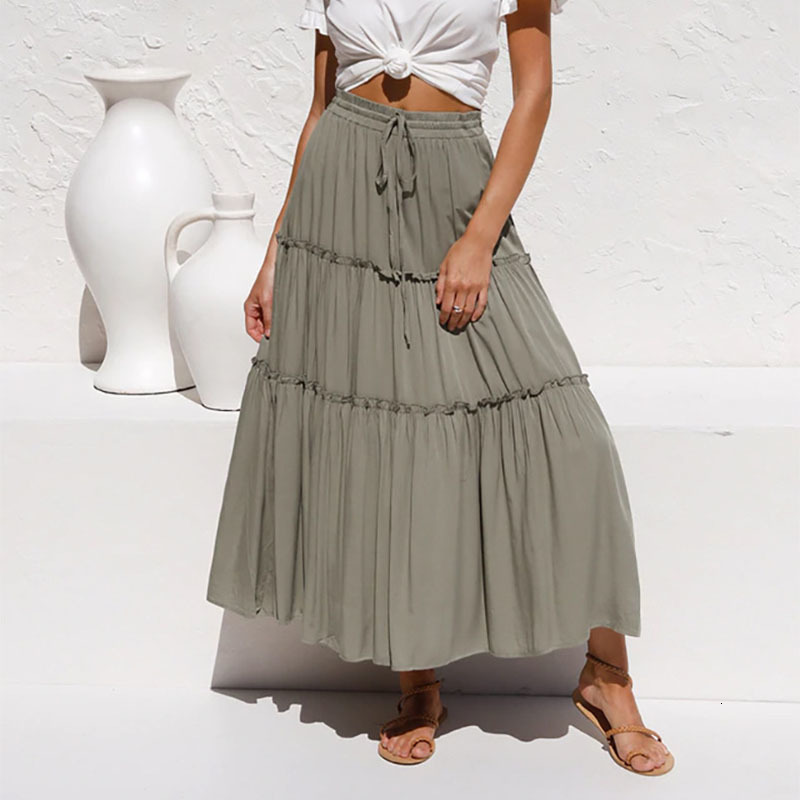 

New Women High Long Spring Summer Casual Pleated Female Elastic Waist Ruffle Fladas a Line Maxi Beach Skirt 2021 Nc0z, As picturew