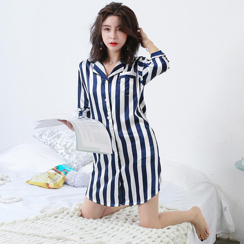 

Home Wear For Young Lady Nightgown Sleepwear Nightdress Soft Satin Sleep Dress Homewear Exquisite Button Striped Nightwear, Red