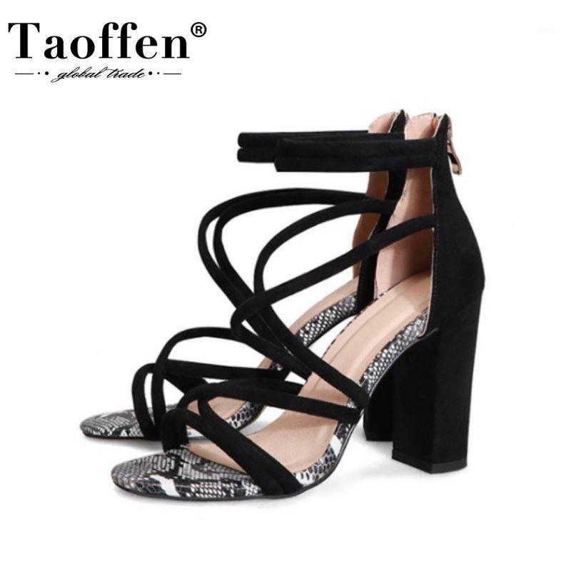

Taoffen Women Sandals Shoes Fashion Open Toe Thick High Heel Flock Snakeskin Shoes Back Zipper Footwear Gladiator Size 33-451, Black