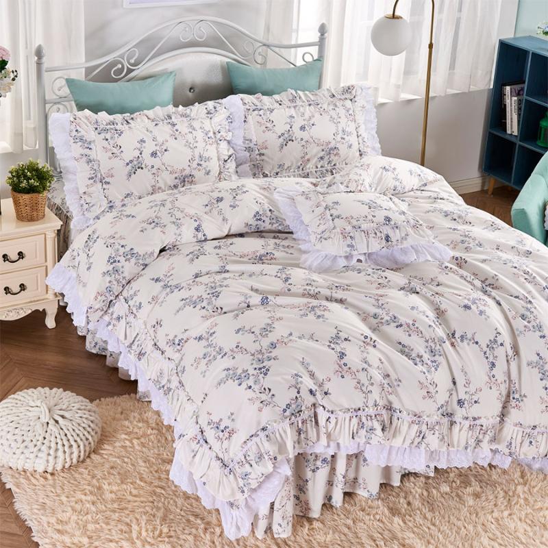 

American country ruffle lace bedding set, full queen king cotton single double bedclothes bedspreads pillow case quilt cover, Picture color