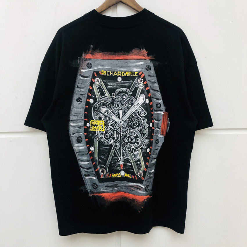 

2021 New Oversized Hand-painted Watches Shirt Men Women High-quality T-shirt Tees Funny t Shirts Qqb6