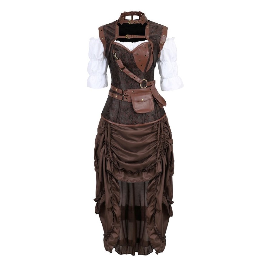 

Women Steampunk Corset Dress Pirate Shirt Gothic Corset Lingerie Top With Burlesque Irregular Skirt Set Halloween Costume -6XL X0123, 6388 brown