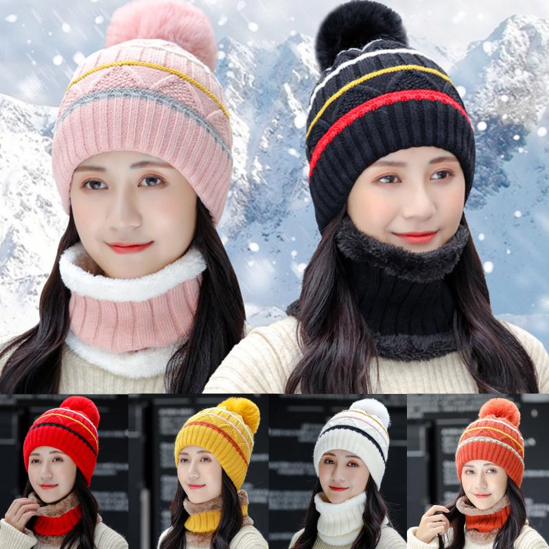 

2020 Winter Hat Women Hat For Girls Scarf Thick Warm Fleece Inside Knitted Scarf Set Winter Riding Fashion, 1pcs