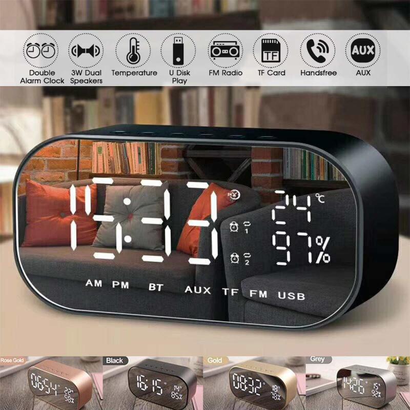 

LED Alarm Clock with FM Radio Wireless bluetooth Speaker Mirror Display Support Aux TF USB Music Player Wireless for Office Home
