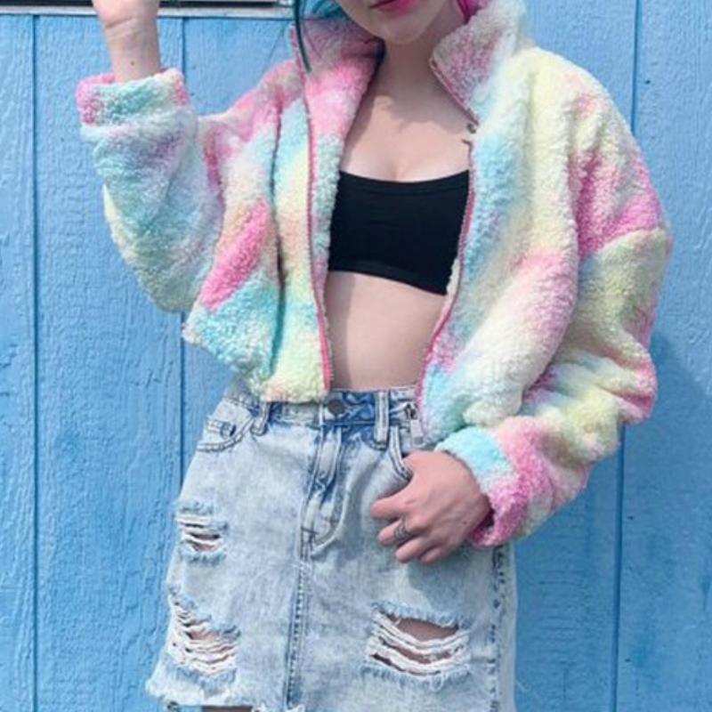 

Fashion Street Style Women Jackets Warm Fleece Top Tie Dye Printed Long Sleeve Zip Up Coat Outwear Slim Casual Clothes Fall 2021, Multi