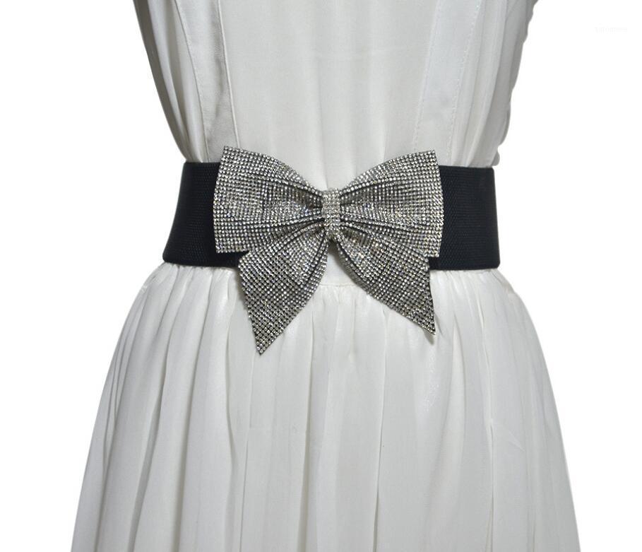 

Women's runway fashion diamonds bow elastic Cummerbunds female vintage Dress Corsets Waistband Belts decoration wide belt R14351, Black