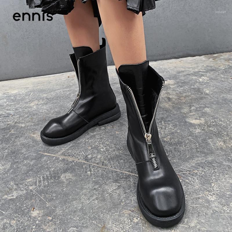 

ENNIS Designer Front Zipper Boots Low Square Heel Ankle Boots Genuine Leather Women Short Black Beige Winter Shoes A01081