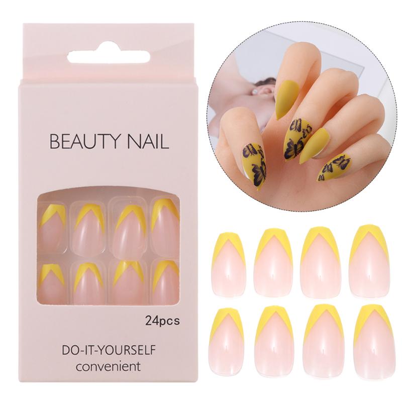 

24Pcs Ballerina Fake Nails Candy Color Abstract Art Natural Coffin Follow Fake Nail Art Tips ABS Full Coverage DIY Manicure, 01