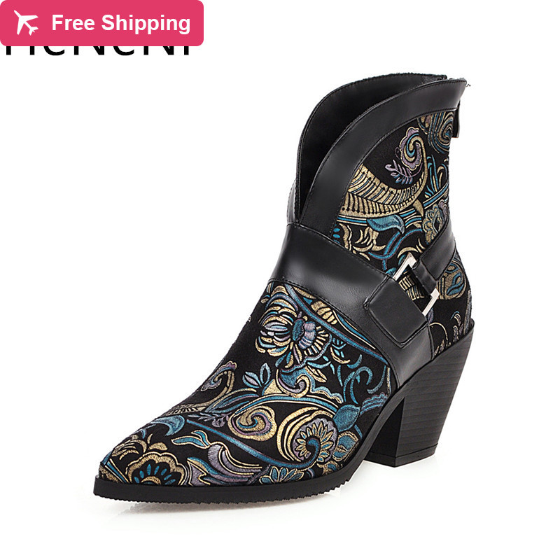 

Fashion brand print microfibre leather ankle pointed toe cowboy women put on riding track boots, Grid