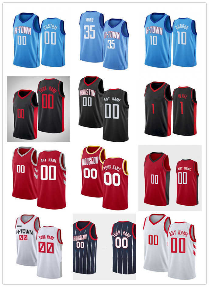 

75th Custom Mens Womens Youth Houston's Rockets's 1 John Wall 35 Christian Wood 8 Jae'Sean Tate 10 Eric Gordon Basketball Jerseys, Black;red