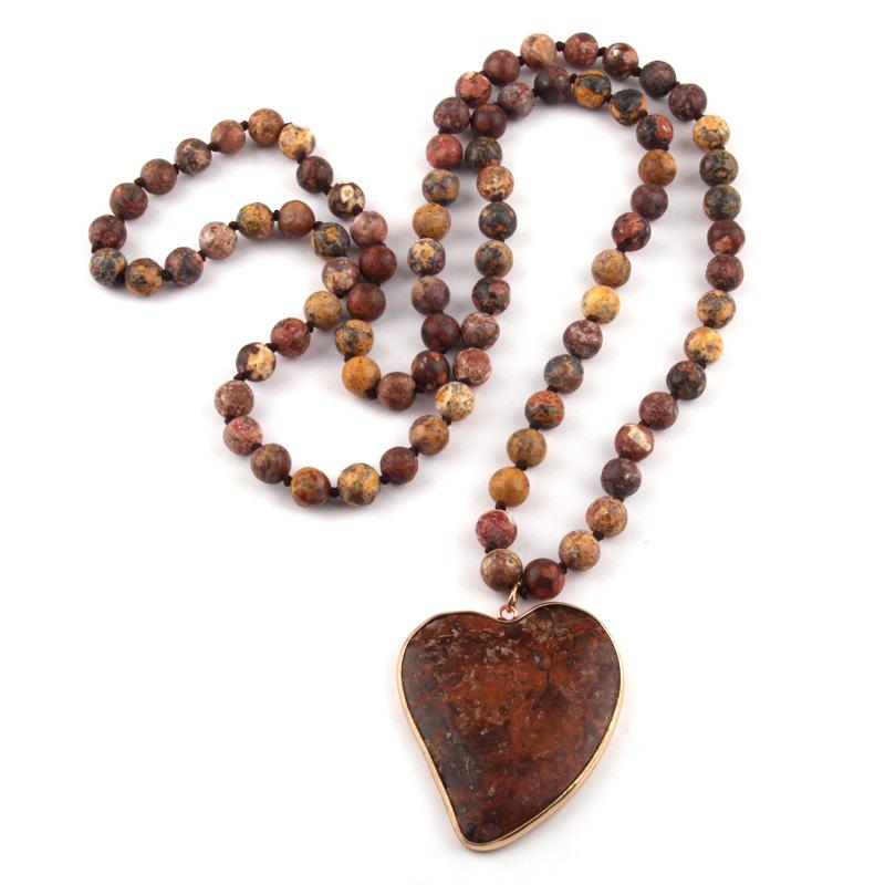 

MOODPC Fashion Bohemian Jewelry Natural Tiger Eye Stone Knotted Brown Stone heart Pendant Women Necklace