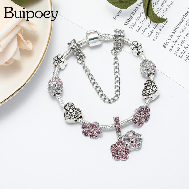 

Charm Bracelets Buipoey Trendy In Europe Mom Beaded Shiny Peach Blossom For Women Original Jewelry Gala Gifts