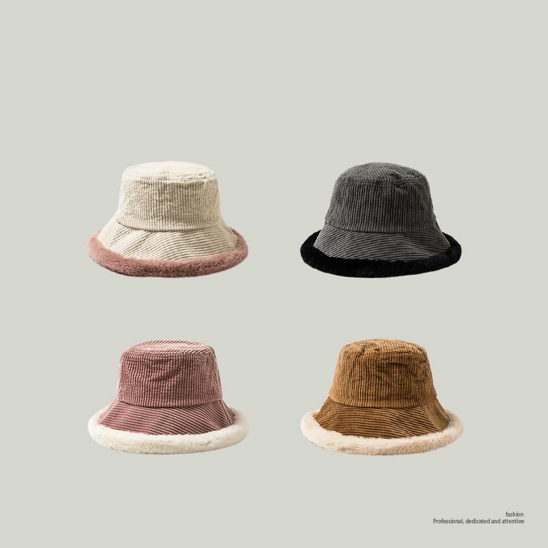 

new Autumn Winter Bucket Hats Women Corduroy Panama Hat Thick Warm Plush Fisherman Cap for Girl Crimping Basin Hat lady Kapelusz, Black
