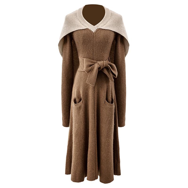 

SeeBeautiful Contrast Color Loose Knitted Dress V-neck Long Sleeve Pocket Belt New Fashion 2020 Autumn Winter Women M388, Coffee