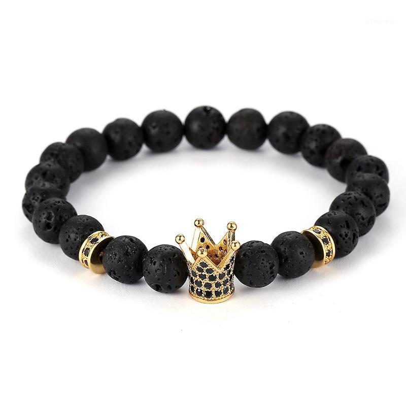 

Trendy Natural Black Volcanic Lava Stone Beads Bracelet Pave CZ Crown Sheet Bracelets For Women&Men Charm Jewelry Elegant Gifts Beaded, Stra