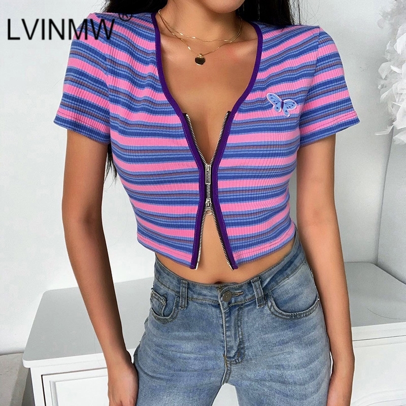 

LVINMW Sexy V Neck Striped Front Zipper Fly Short Sleeve Crop Top Summer Women Patchwork Butterfly Labeling tshirt Street Y200824, Purple