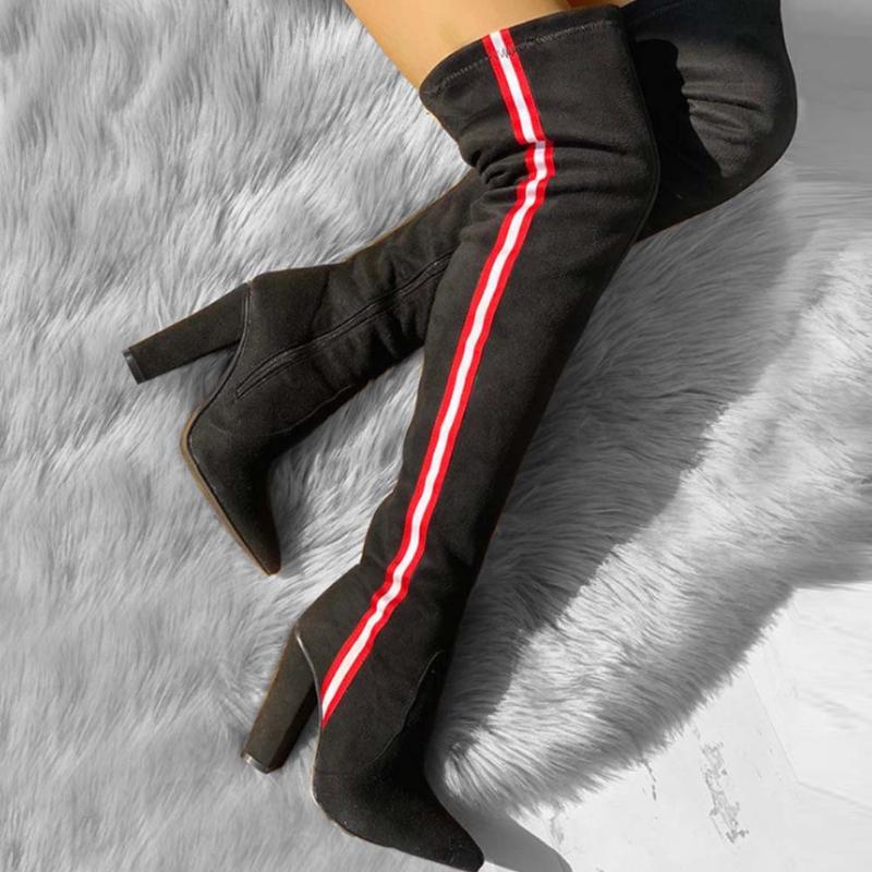 

2021 new arrivals fashion shoes women large size 34-43 IG hot sale mixed color thick heels thigh boots autumn winter flock, Black