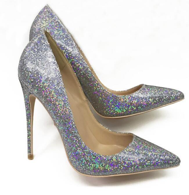 

BONJEAN Bling Bling Glitter High Heel Shoes Sexy Pointed Toe Wedding Heels Woman Shallow Thin Heels Party Shoes Silver, 12cm heel as picture