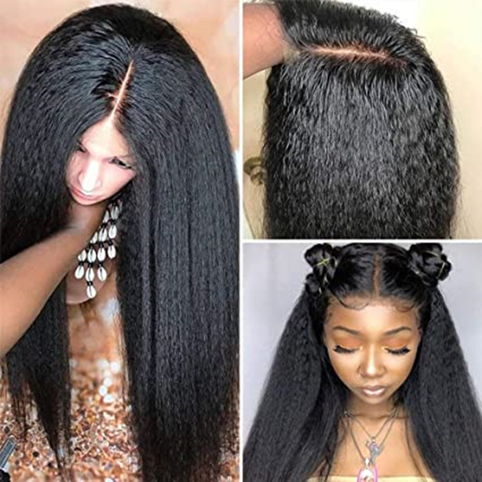 

DIVA1 Yaki Straight Human Hair Lace Front Wigs for Black Women Glueless frontal Wig brazilian remy coarse coily Kinky yakipremed Virgin 130%, 1b or natural color