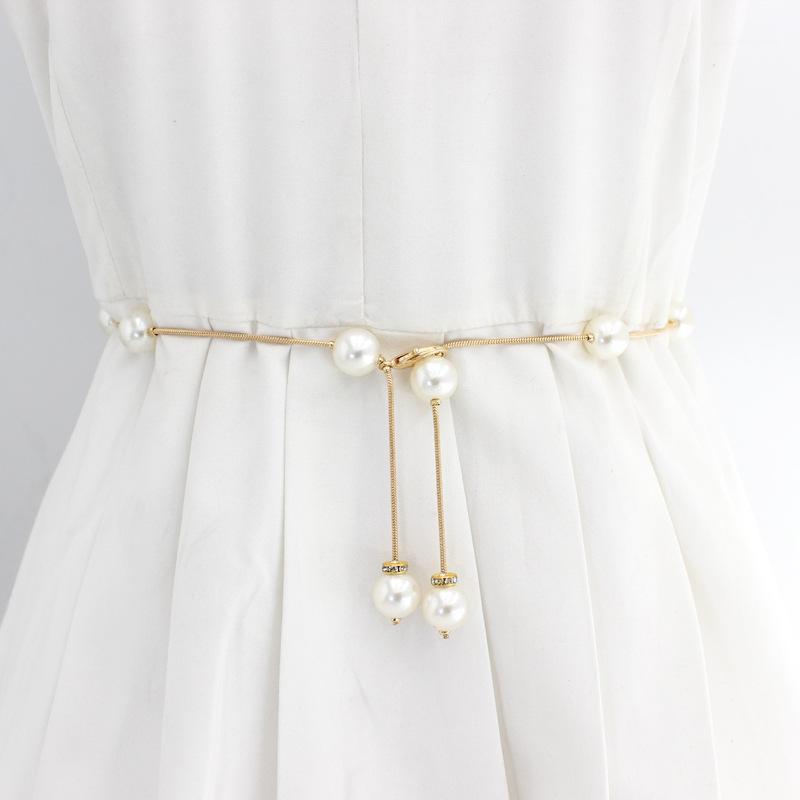 

Belts 1PCS Elegant Women Pearl Belt Waist Elastic Buckle Chain Female Girls Dress Crystal Strap, Black;brown