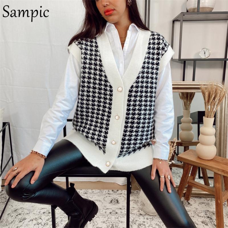 

Sampic Houndstooth V Neck Oversized Knitted Cardigan Vest Women Autumn Winter Black Sleeveless Loose Sweater Casual Jumper 2020, Black vest