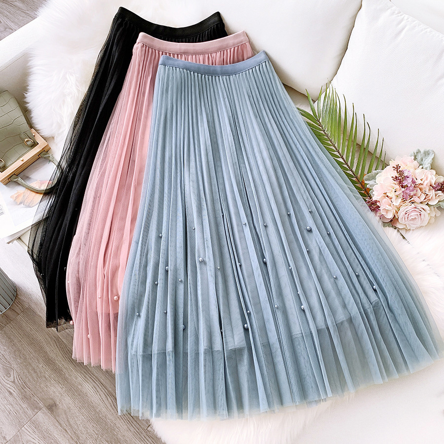 

2021 New Spring Summer Beading Mesh Pleated Skirts High Waisted Women Midi Party Tulle Tutu Skirt Saias Faldas Jupe Femme J8ph, Pink