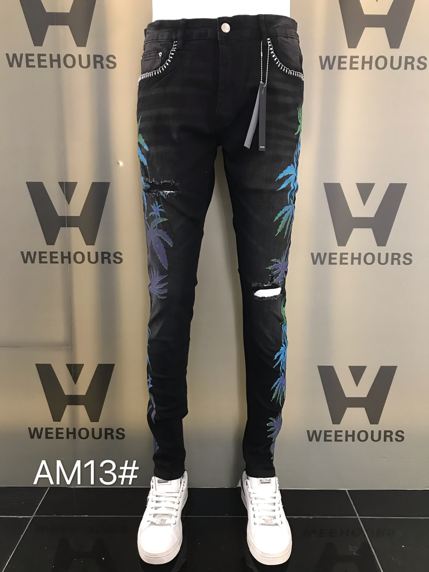 

Hot sale new style men's and women's jeans slim locomotive denim fashion trendy hip-hop men's jeans AM13, Photo color