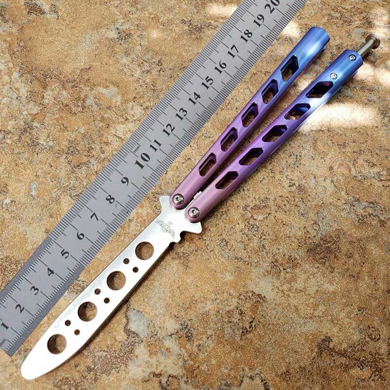 

Theone Balisong BM40 Butterfly Trainer Training Jilt Knife Purple Titanium Arc Angel Swing Not Sharp Bushing System BM42 BM43 BM46 BM51 UT85 UT88