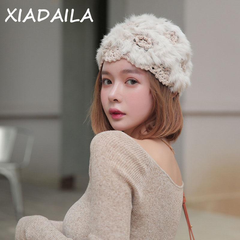 

New Style Knitted Real Fur Hat For Women Natural Warm Fur Caps Korean style Winter Real Skullies Cap, White