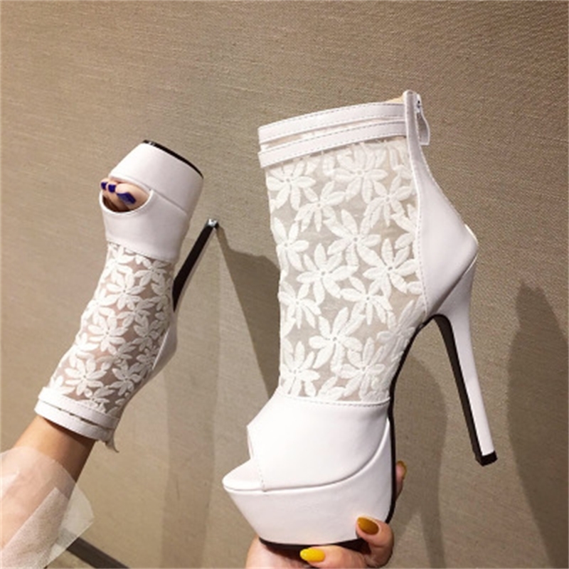 

2020 summer gladiators ankle boots peep feet thin heels high two inches lace women's spring mesh shoes pumps 83C9, White