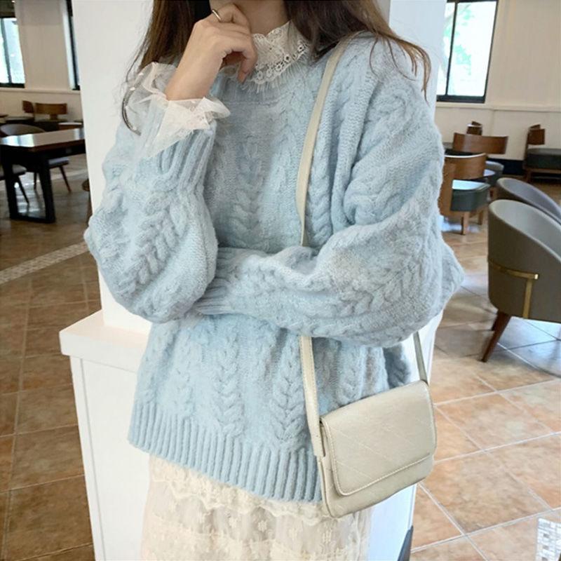 

Women 2021 Autumn Winter Loose Sweater Female Pullover Casual O-Neck Long Sleeve Knit Sweaters Twist Jumpers Solid Sweaters S880, Light blue