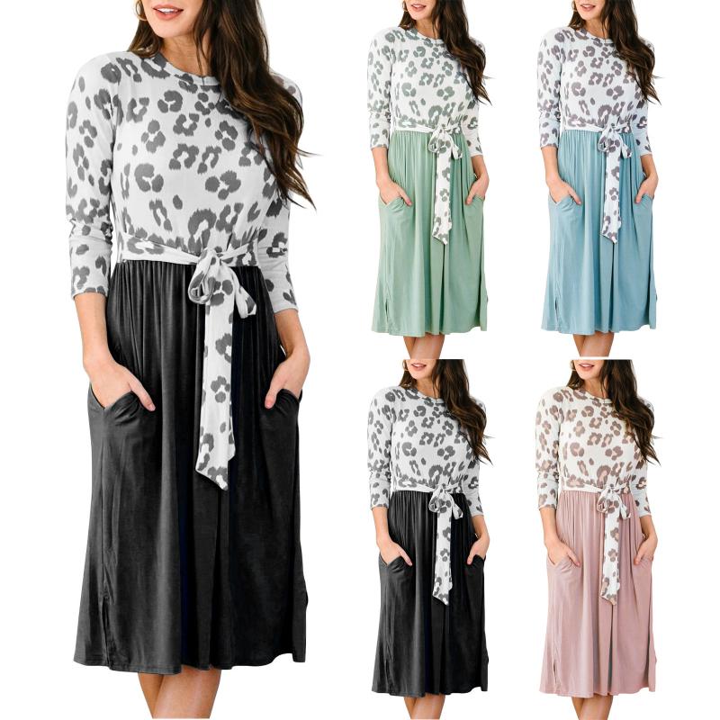 

JAYCOSIN Women Fashion Leopard Print Patchwork Bandage High Waist Casual Dress Autumn Ladies Long Sleeve O-Neck Dresses vestidos, Pk