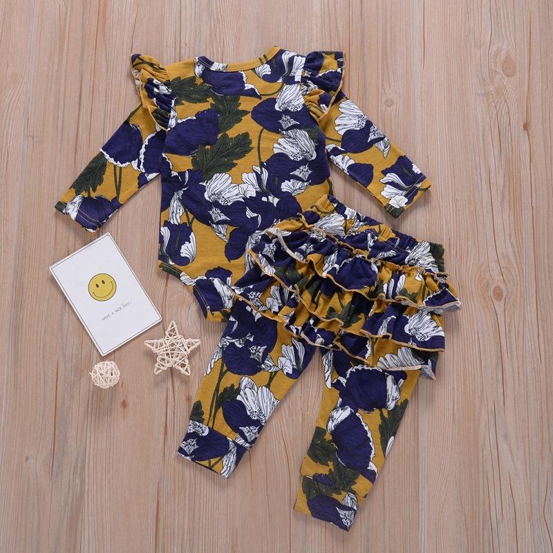 

Floral Baby Girl Ruffle Romper Clothes Set Newborn Girl Bodysuit 2PCS Long Sleeve outfit Spring Cotton Sleepwear Suit, Blue