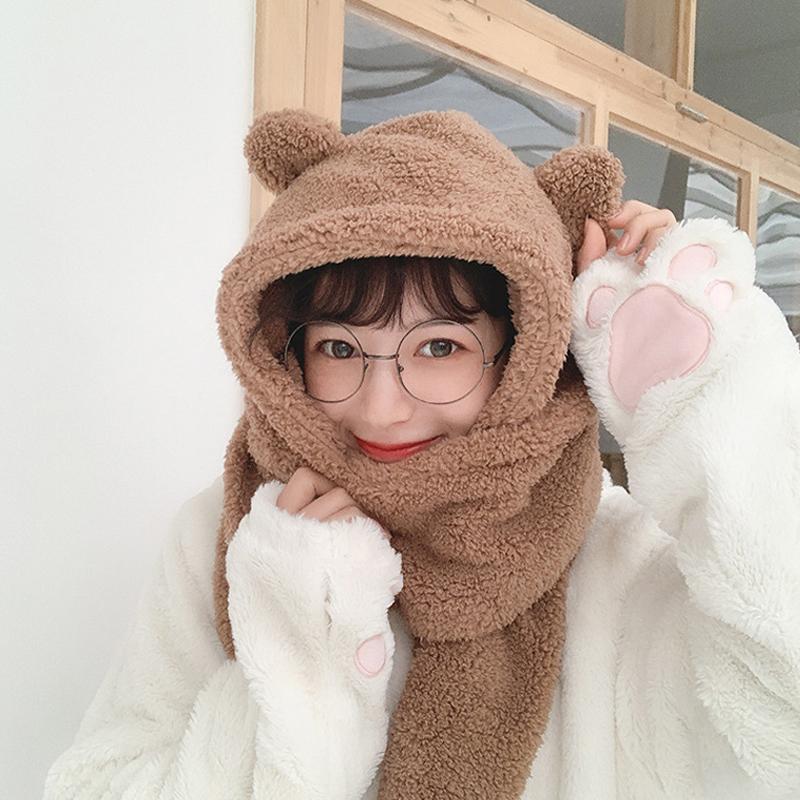 

Cute Bear Ears Warm Hat Scarf Women Girls Winter Hat Warm Scarf Durable A66