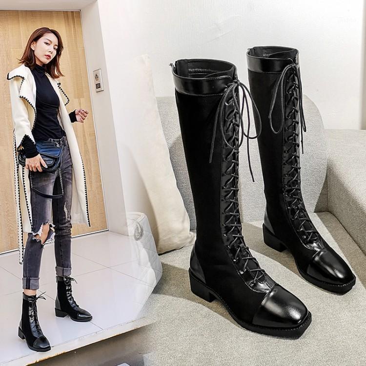 

PXELENA Shoes Women Riding Knee High Boots Lace Up Low Heels Comfort Casual Autumn Knight Motorcycle Boots Plus Size 431, Black short