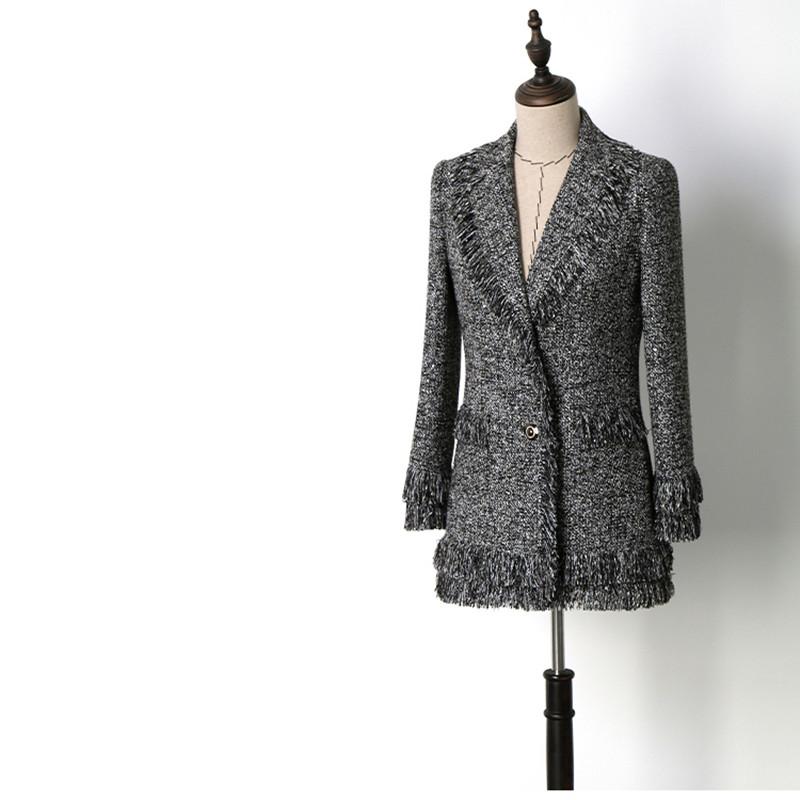 

Handmade 2020 Runway Designer Luxury Fashion Blazer for Women Notched Collar Single Breasted Tassel Grey Long Blazer Coat, Dark grey