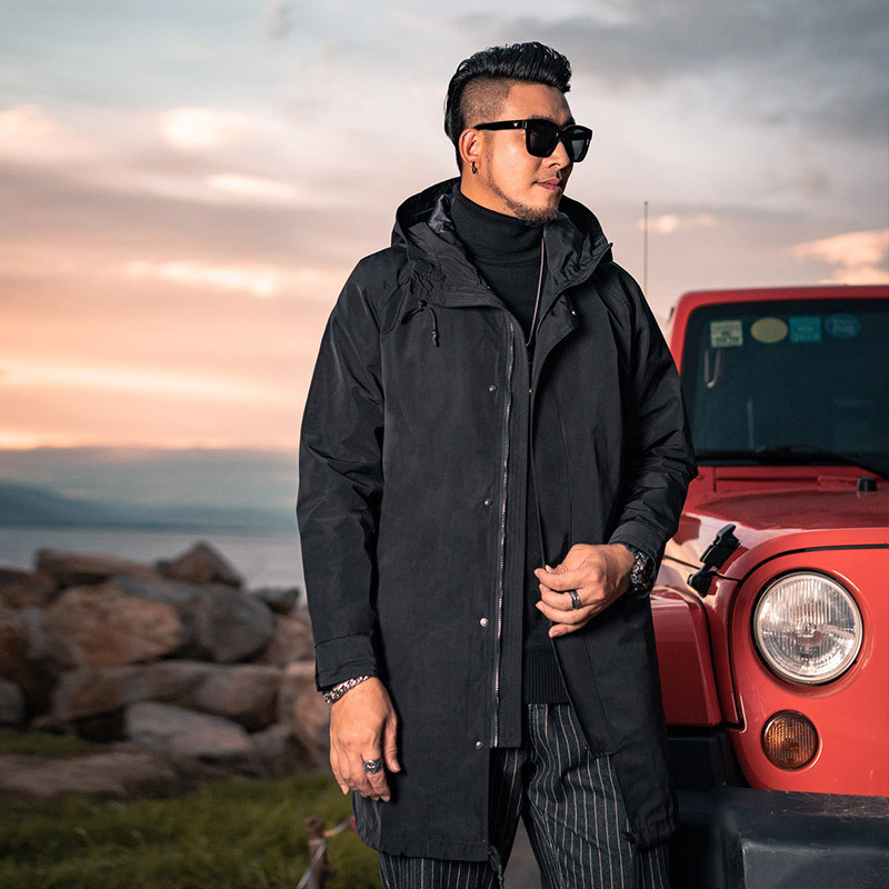 

Man Long Trench Coat Autumn Male Casual Black with Hoodie Park Jacket M7kh